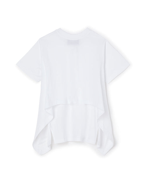 White asymmetrical short-sleeve t-shirt with a unique high-low hem design, crafted from soft, lightweight cotton fabric.