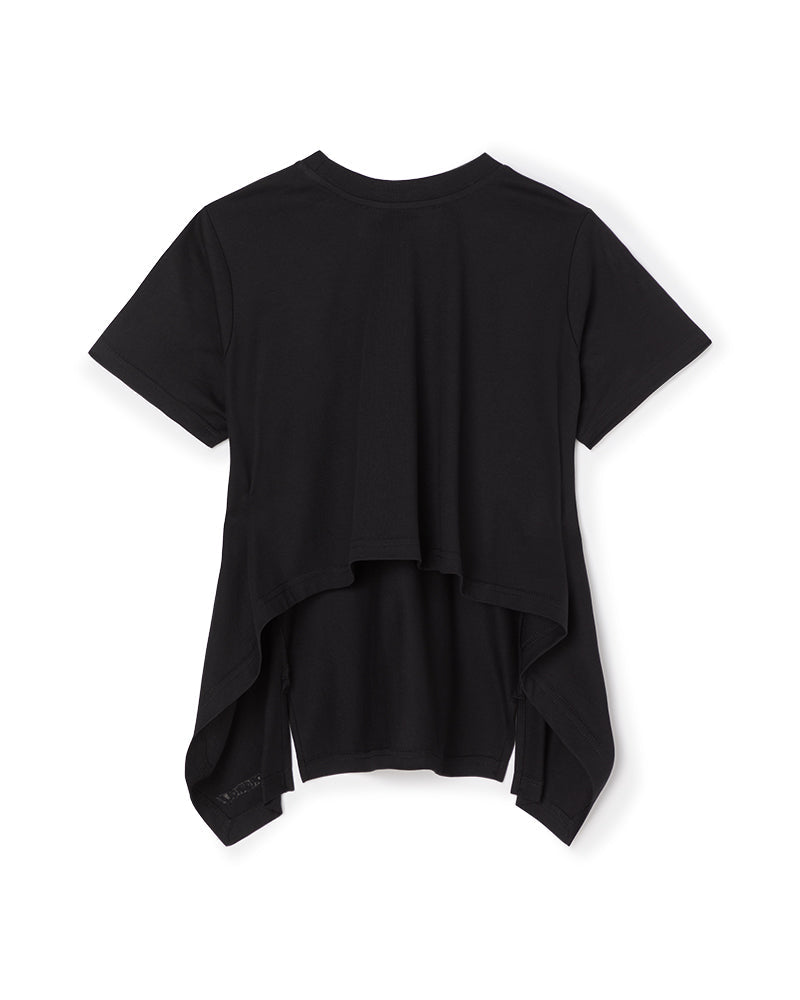 A black t-shirt with short sleeves featuring a uniquely draped asymmetric back hem for a modern style.