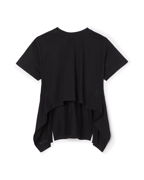 A black t-shirt with short sleeves featuring a uniquely draped asymmetric back hem for a modern style.