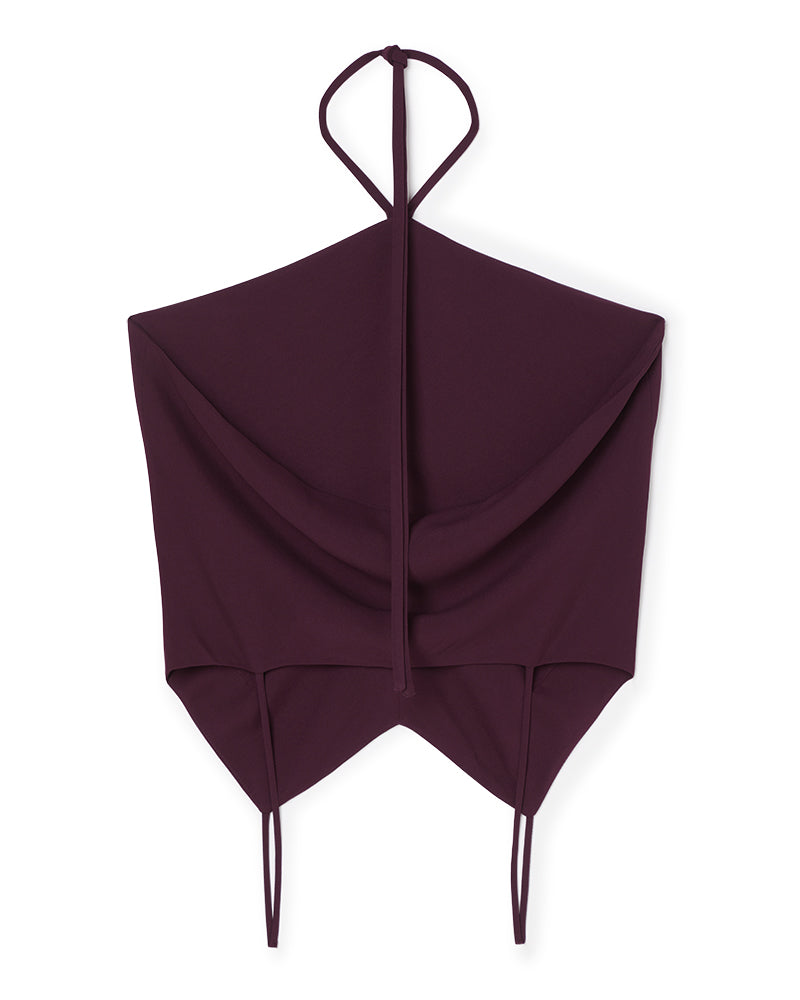 Halter neck scarf top in rich burgundy fabric with elegant draping and tie details creating a stylish, modern look.