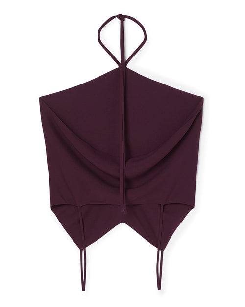 Halter neck scarf top in rich burgundy fabric with elegant draping and tie details creating a stylish, modern look.