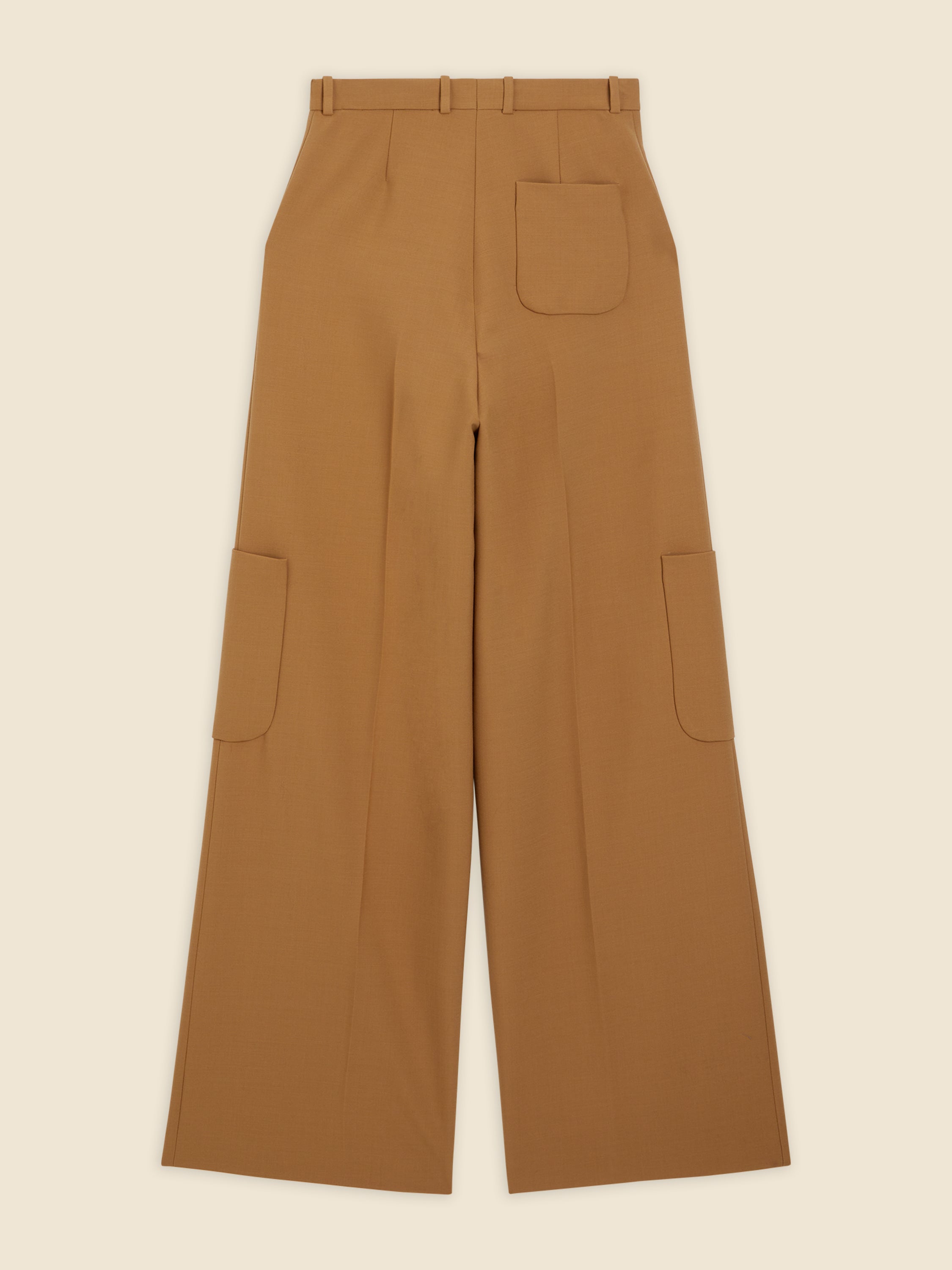 Brown wide-leg trousers with high waist, featuring multiple large utility pockets and a clean hemline, crafted from durable fabric.