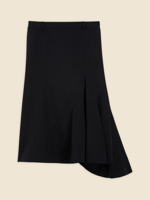 Elegant black A-line skirt featuring asymmetric pleats and a subtle draped hem, crafted from smooth, high-quality fabric.
