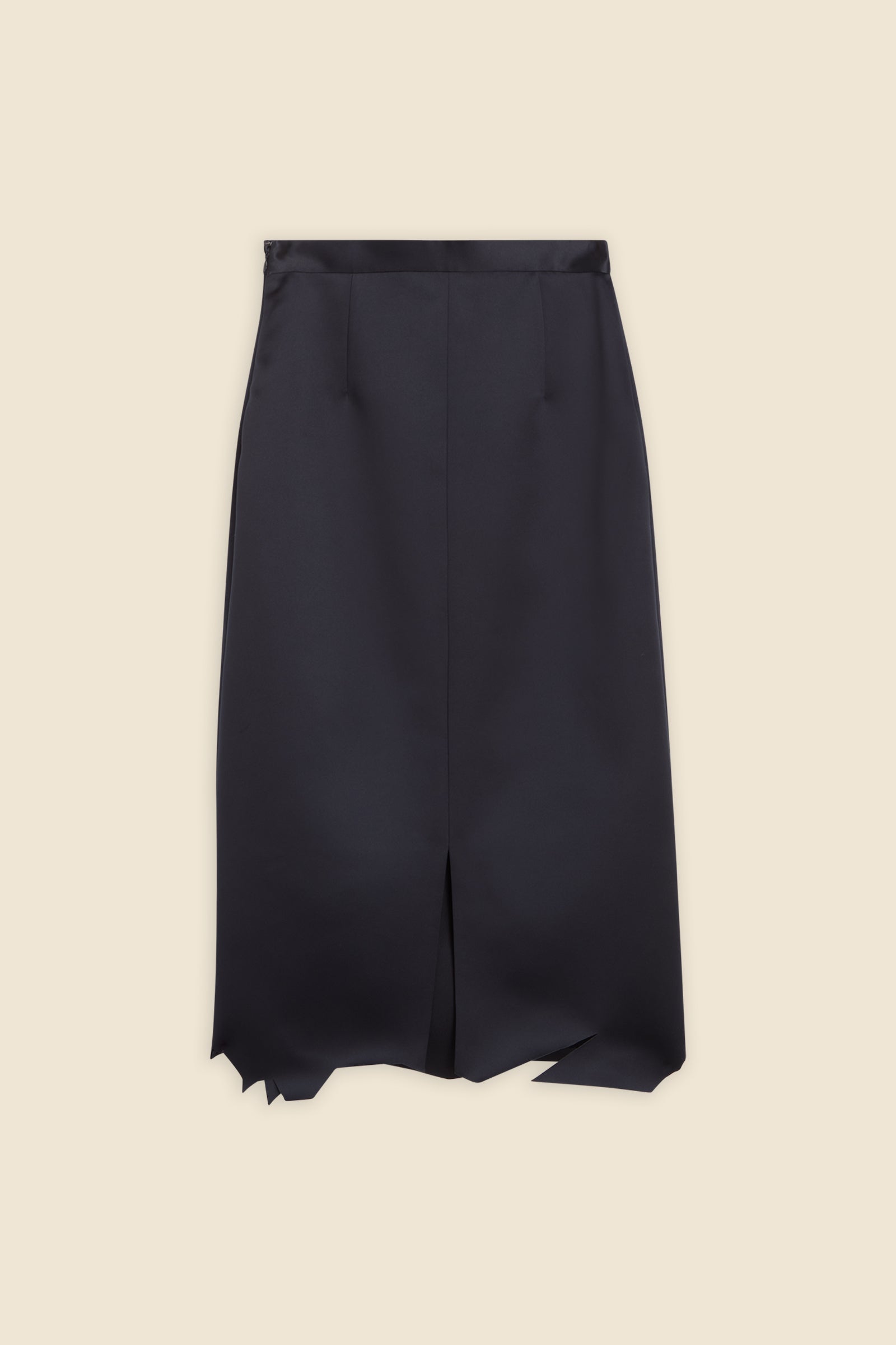 Black satin midi skirt featuring a unique jagged hemline and a central front slit, offering a modern and sophisticated look.