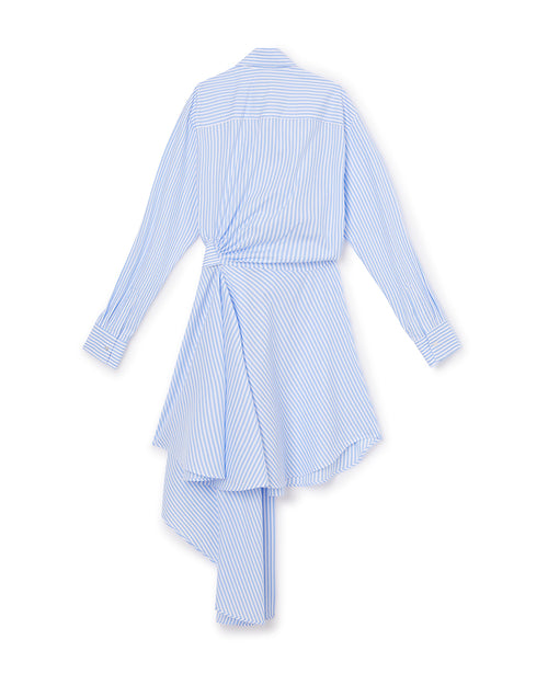 Blue and white striped asymmetrical shirt dress with a wrap-around effect, featuring buttoned cuffs and a flowing hemline.