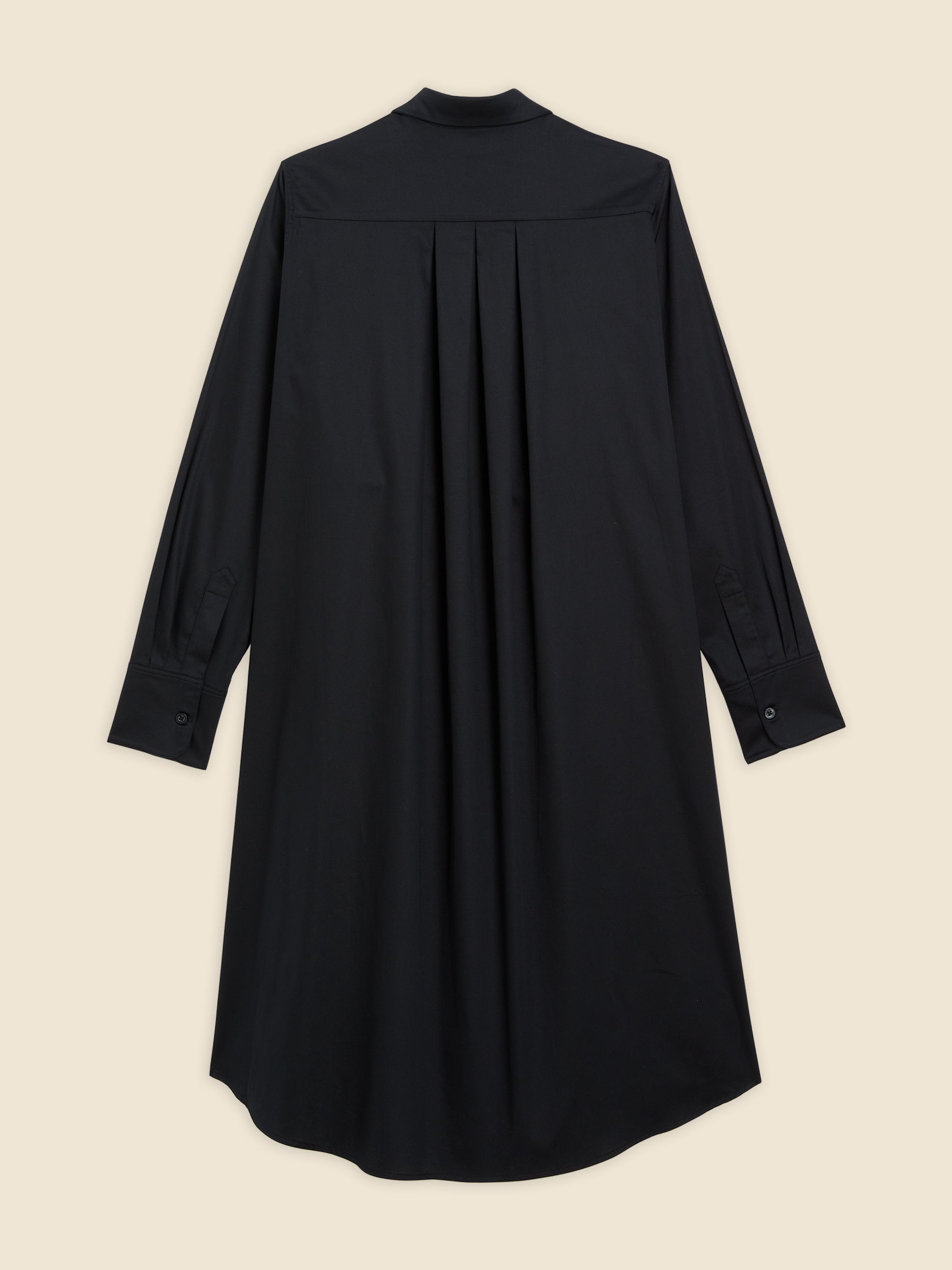 Elegant black dress shirt with pleated back detail and long sleeves, featuring buttoned cuffs for a sophisticated style.