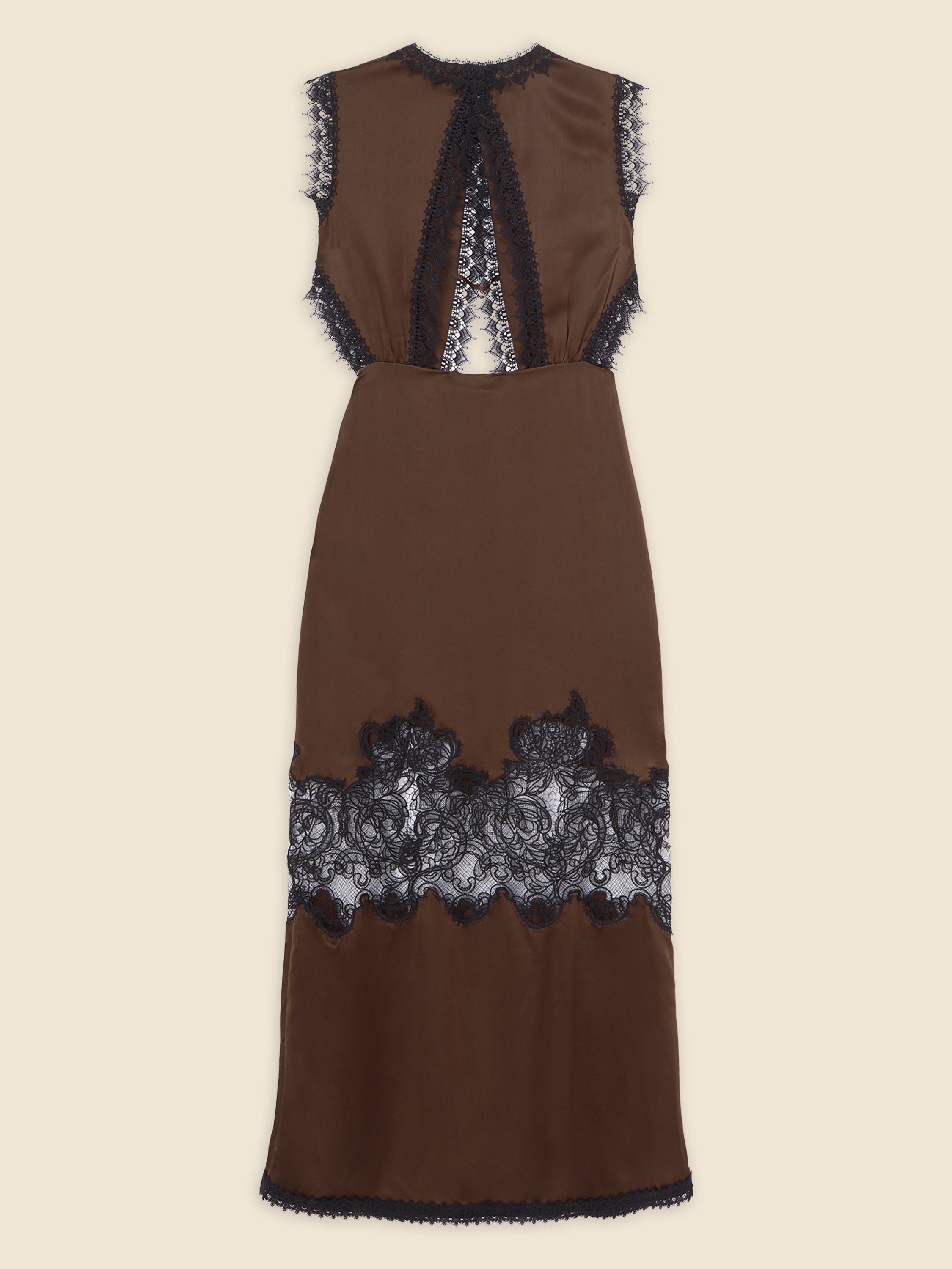 Elegant sleeveless dress in brown silk with intricate black lace detailing and a stylish open back design.