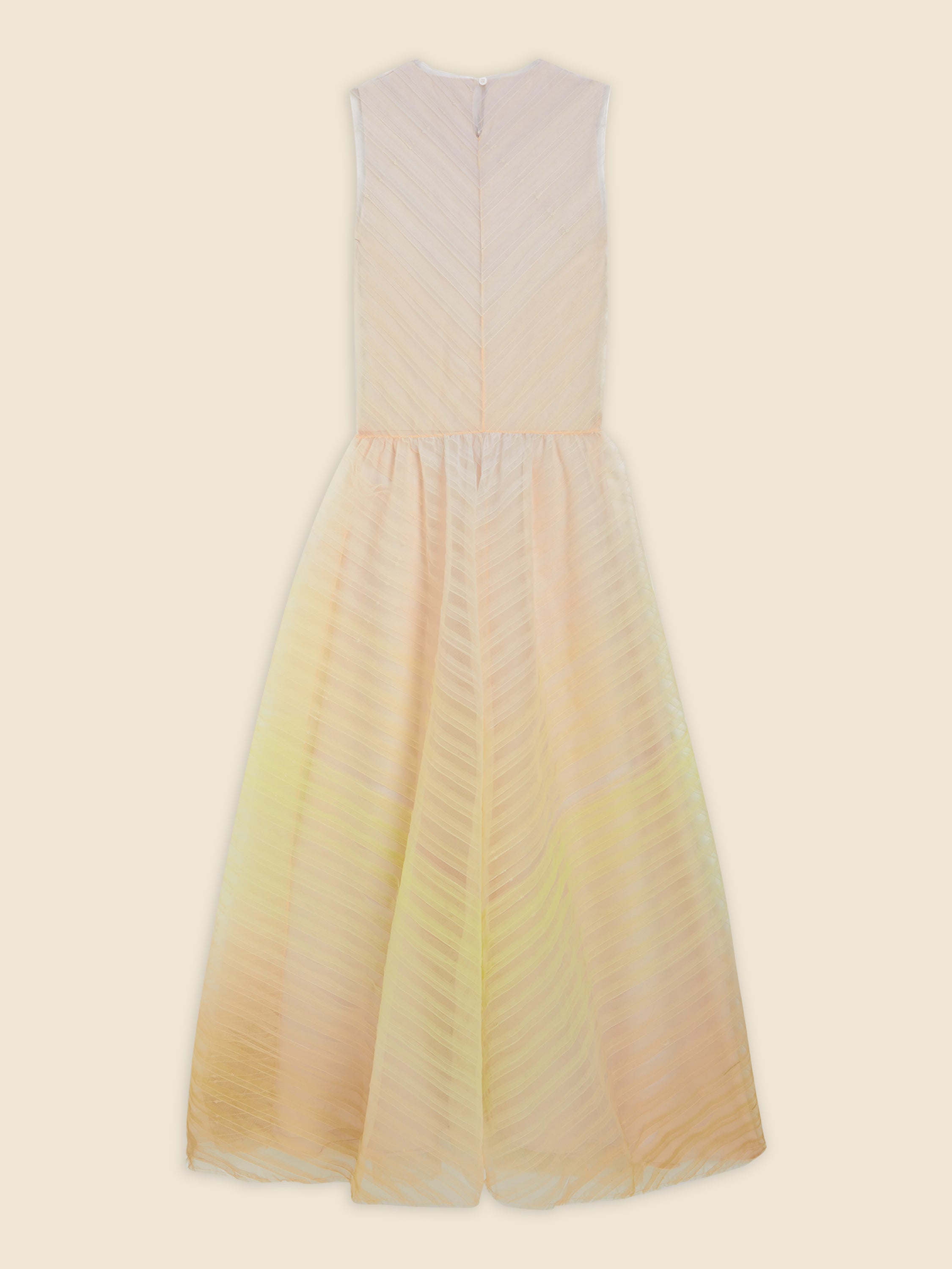 Elegant sleeveless chiffon dress in pastel shades with chevron pattern, featuring a flowing design and subtle shine.