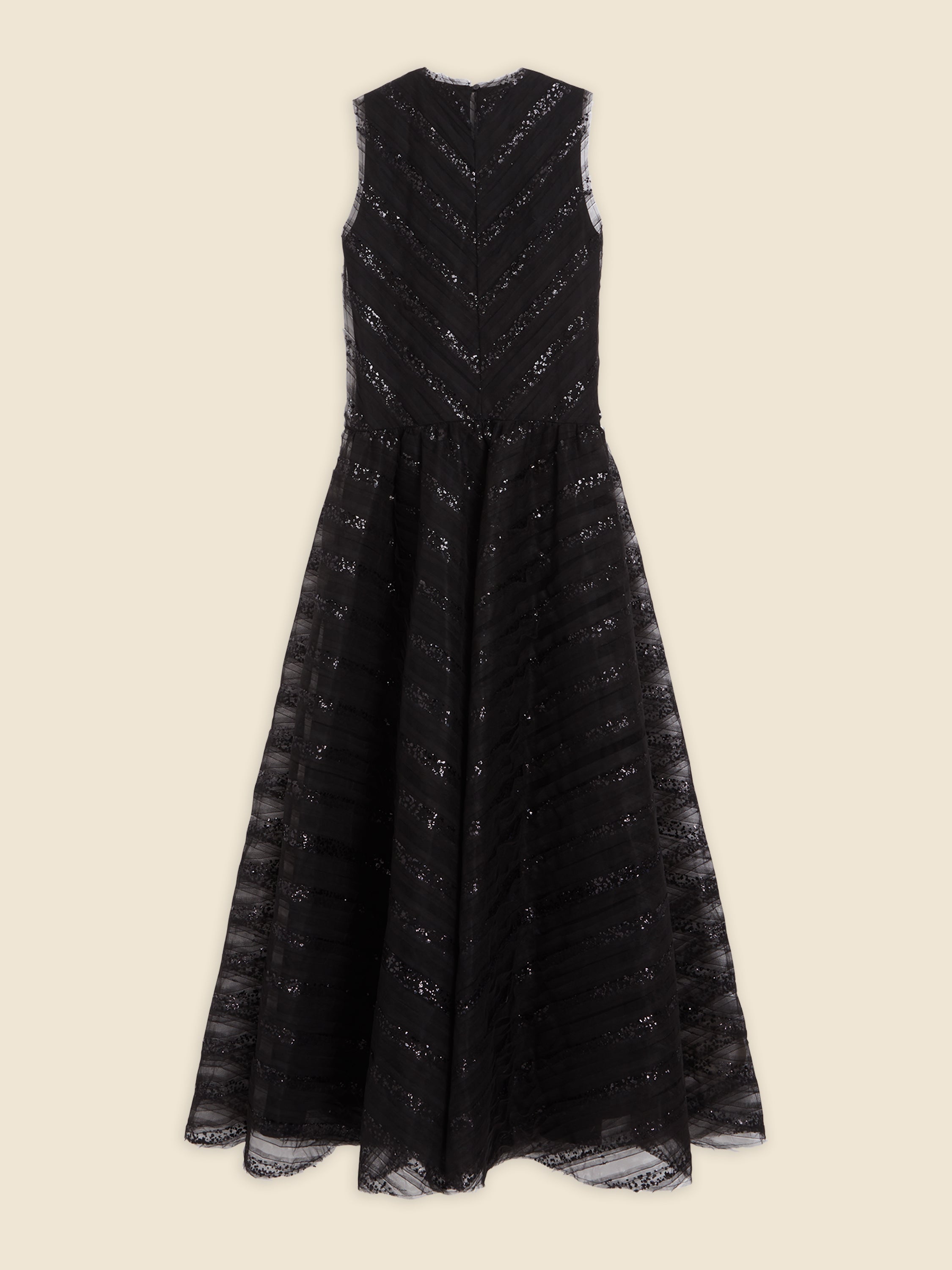Sleeveless black lace evening gown with intricate chevron pattern and flowing A-line skirt on neutral background.