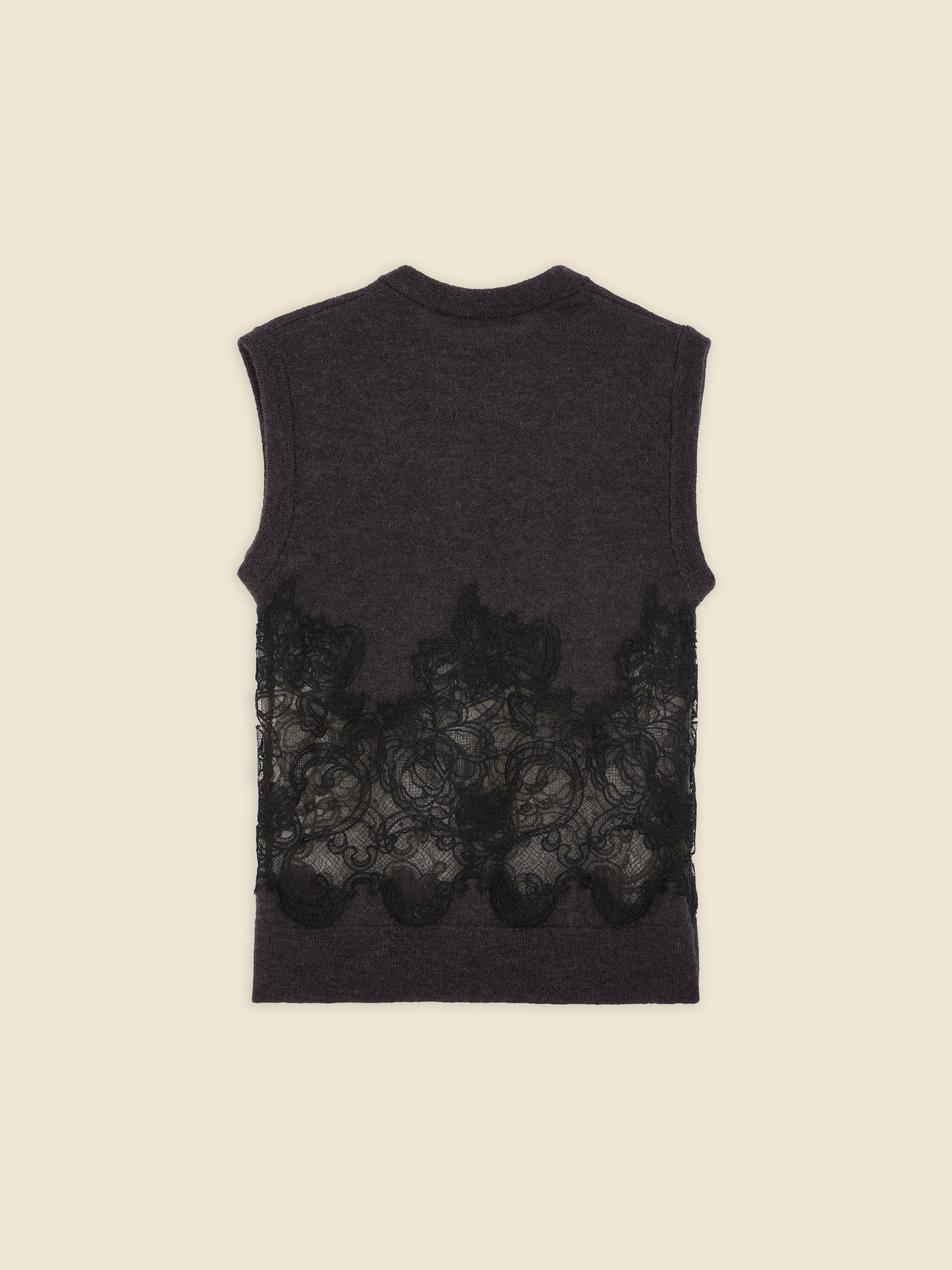 Sleeveless charcoal gray top with intricate black lace floral detailing on the back, showcasing elegant transparency.