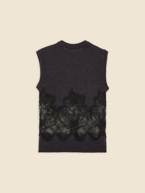 Sleeveless charcoal gray top with intricate black lace floral detailing on the back, showcasing elegant transparency.