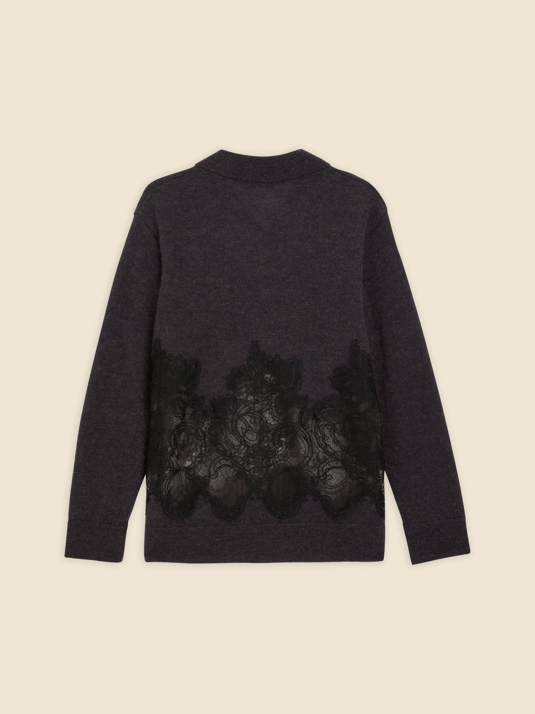 Charcoal gray sweater featuring intricate black lace detailing on the back, crafted with a soft wool blend for elegant comfort.