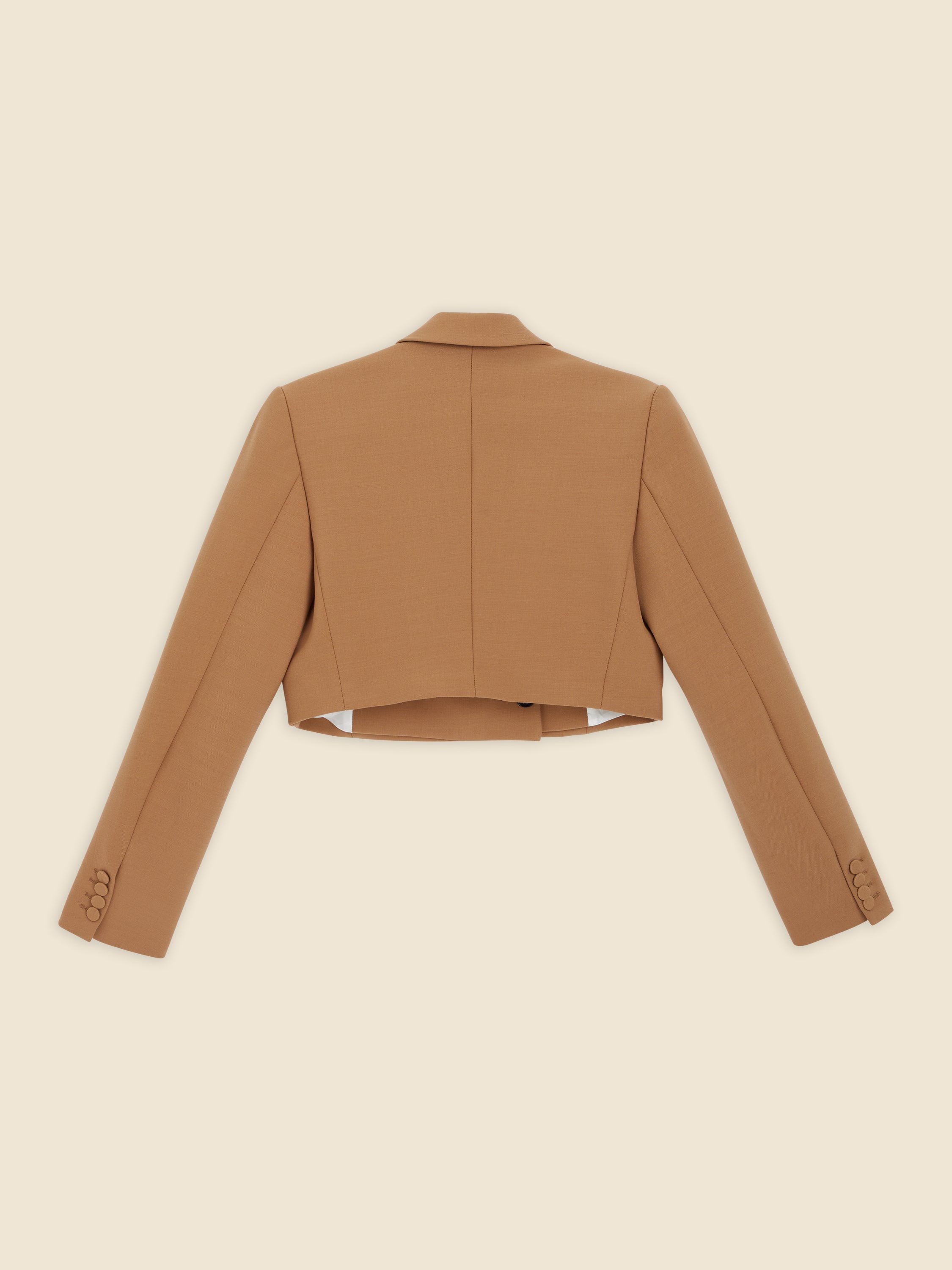 Tailored camel cropped blazer with a classic notched lapel and buttoned cuffs, crafted from soft wool blend fabric.