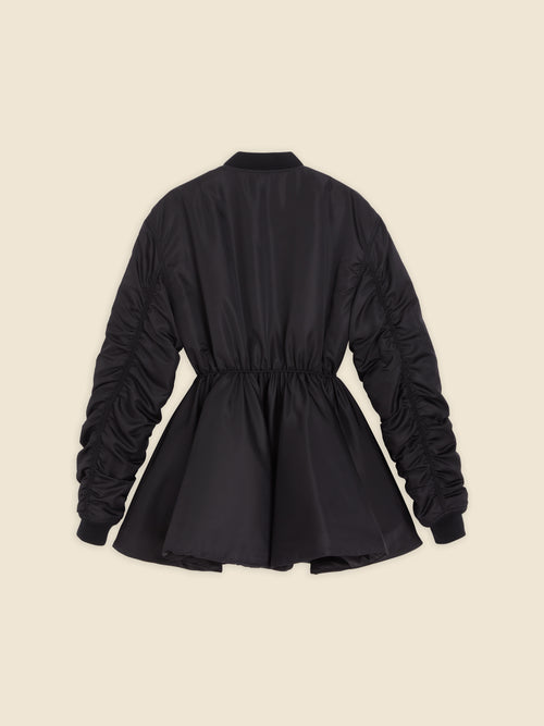 Elegant black bomber jacket with a cinched waist and long ruched sleeves, crafted from lightweight polyester fabric.