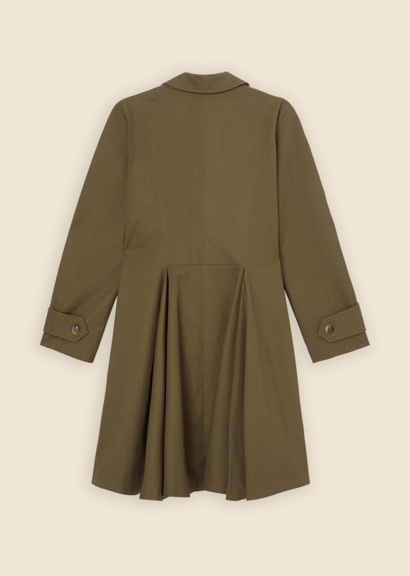 Olive green trench coat featuring pleated back detail and buttoned cuffs, offering a stylish and structured silhouette.