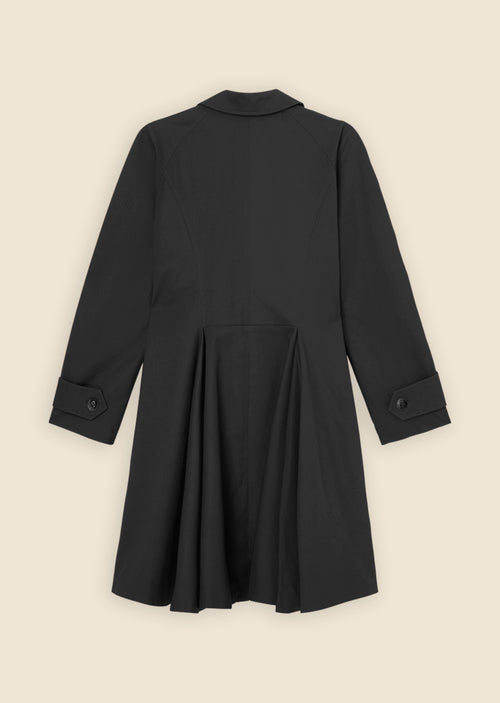Elegant black coat showcasing pleated back detail with wide cuffs and hidden buttons against a neutral background.