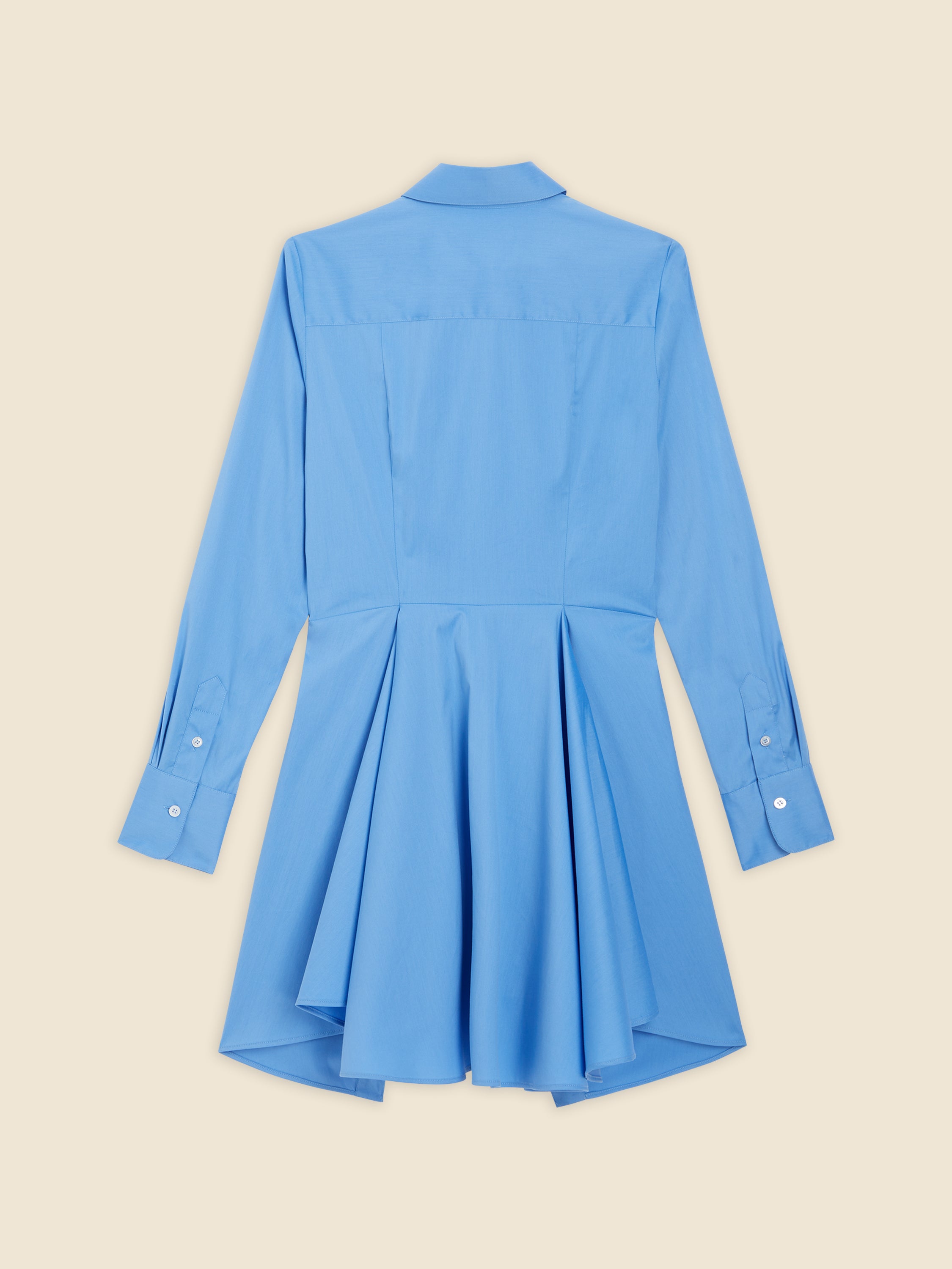 Elegant azure shirt dress with tailored long sleeves and a pleated skirt, featuring a classic collar and buttoned cuffs.