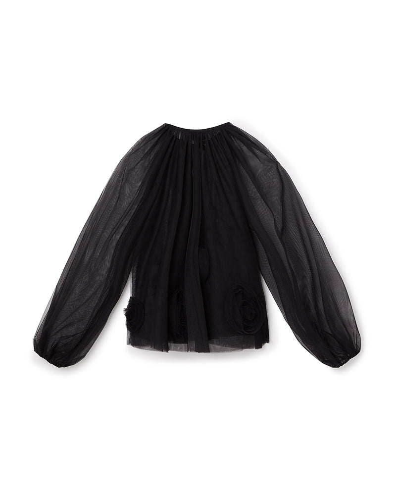 Elegant sheer black organza blouse with voluminous balloon sleeves and intricate floral applique detailing.