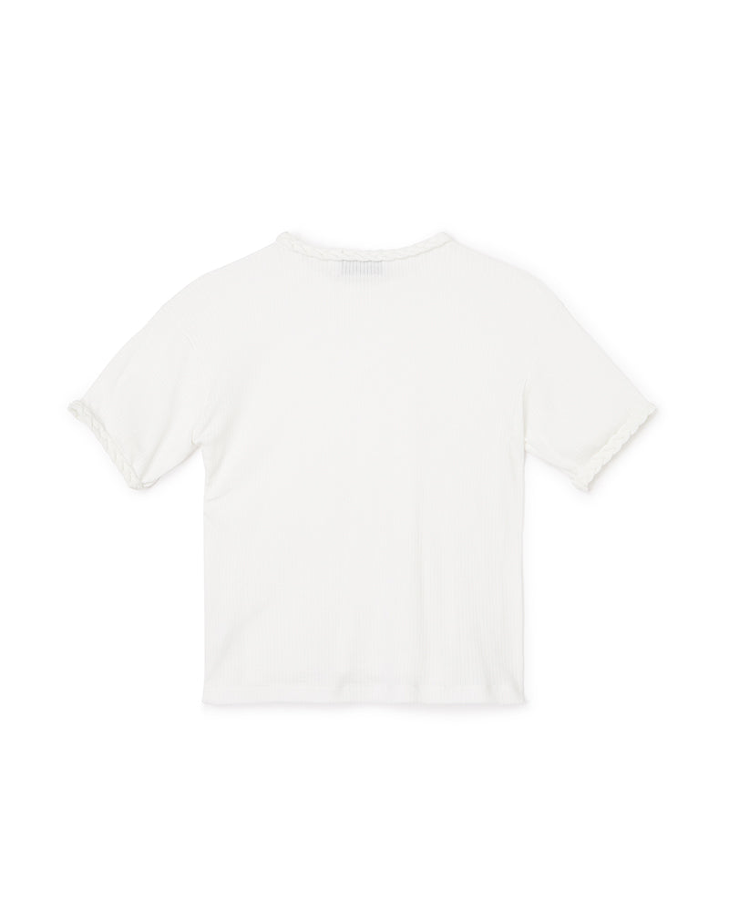 White rib-knit T-shirt with short sleeves and subtle ruffle edges, showcasing a simple yet stylish design.