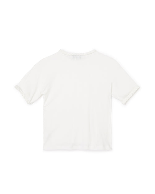 White rib-knit T-shirt with short sleeves and subtle ruffle edges, showcasing a simple yet stylish design.