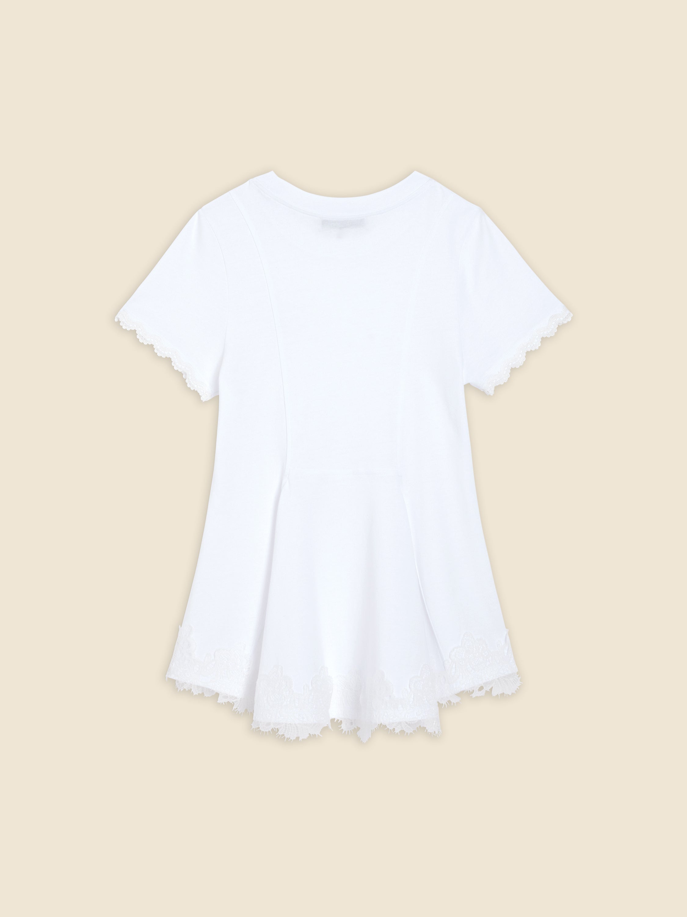 White cotton t-shirt with delicate lace trim on sleeves and hem, featuring a soft, flowing A-line silhouette.