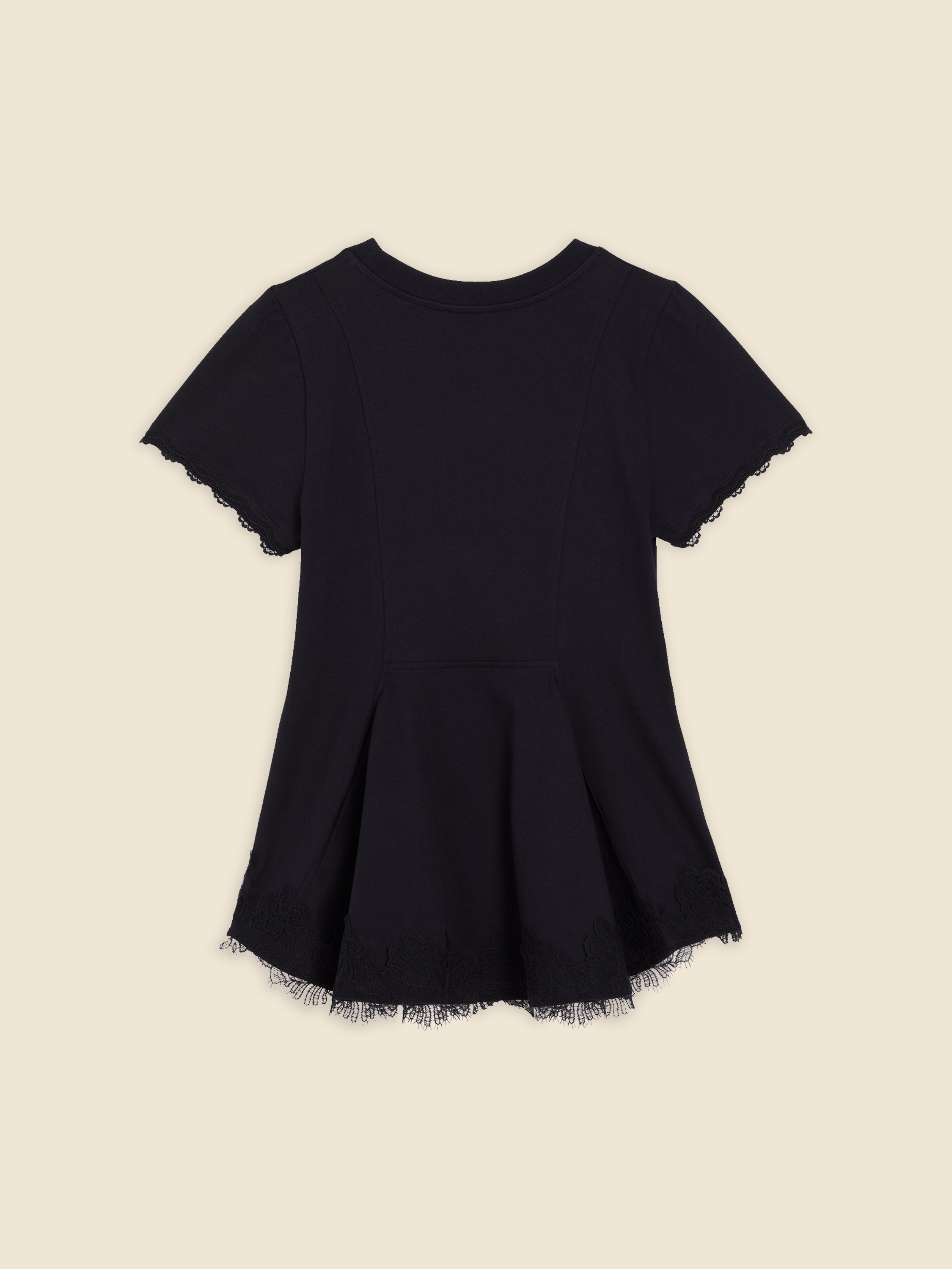 Black short-sleeve dress with intricate lace trim on the hem, featuring a flared silhouette on a soft cotton fabric.