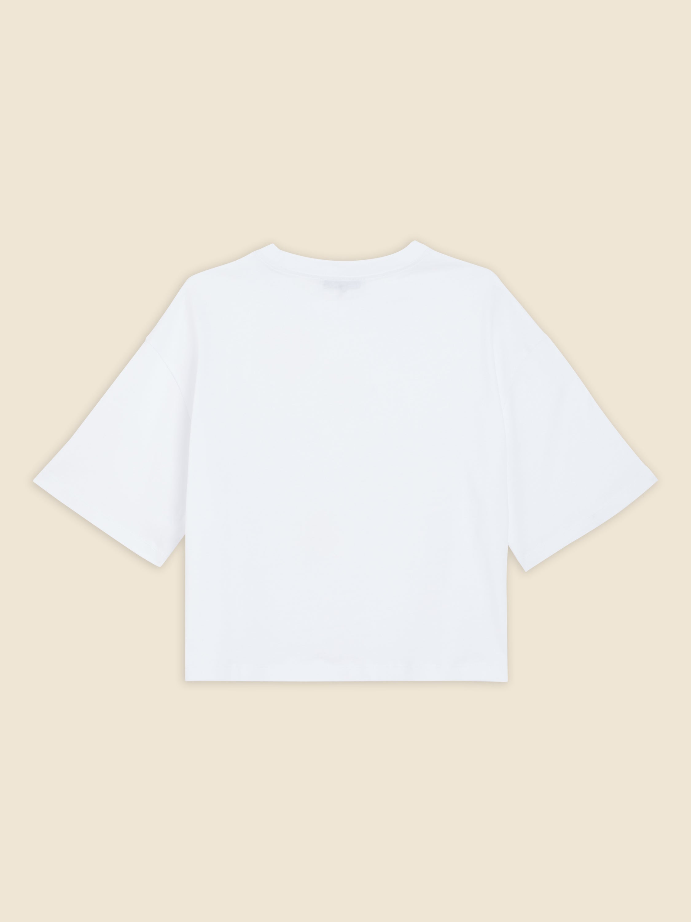 White cotton T-shirt with a relaxed fit, showcasing short sleeves and a round neckline, set against a neutral background.