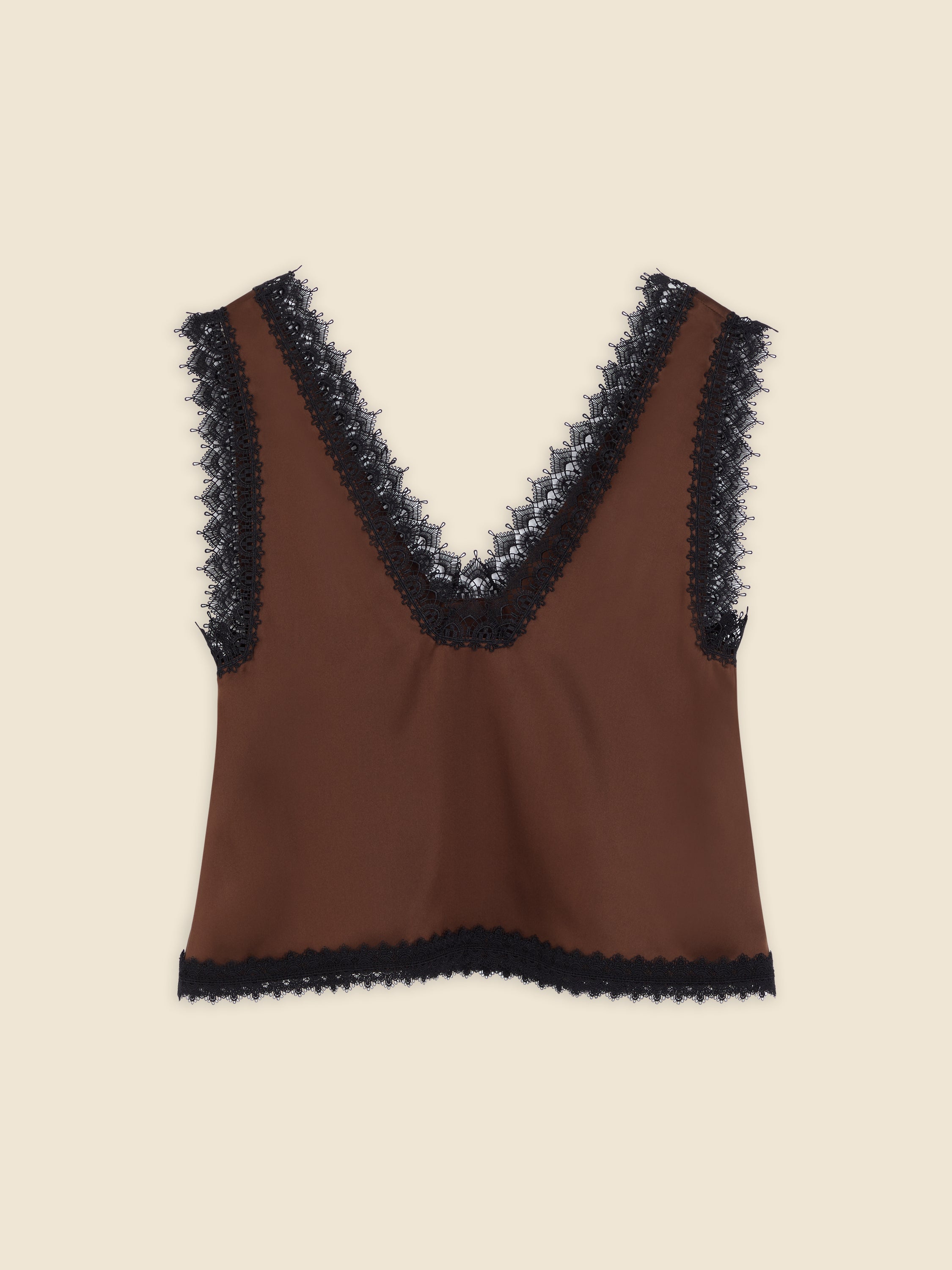 Brown top with elegant black lace trim accents on the neckline and hem, showcasing a sleeveless, V-neck design.