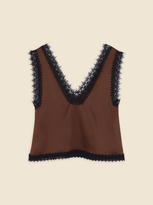 Brown top with elegant black lace trim accents on the neckline and hem, showcasing a sleeveless, V-neck design.