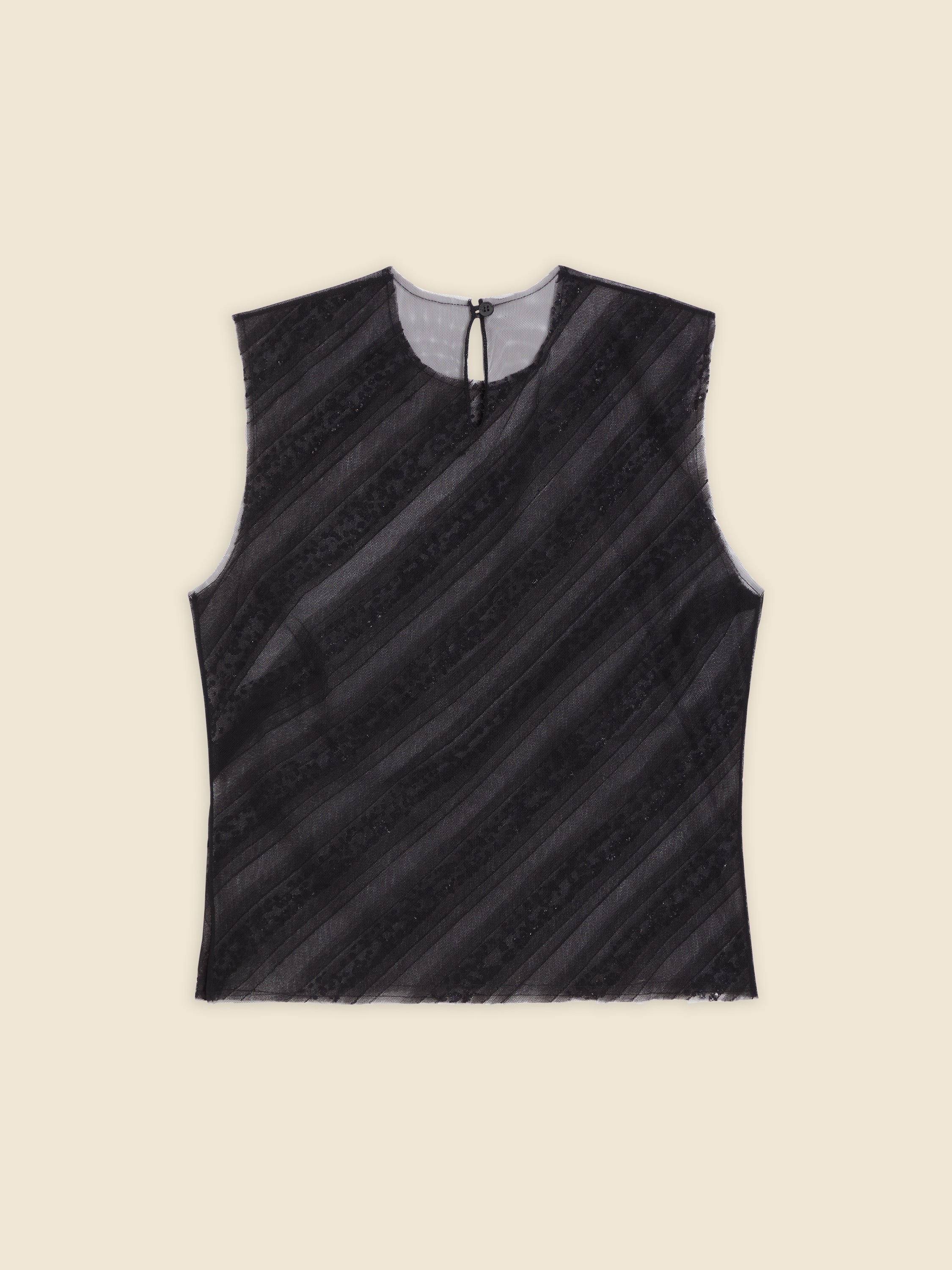 Black sleeveless top with diagonal stripes on a light background, featuring a round neckline and back button closure.