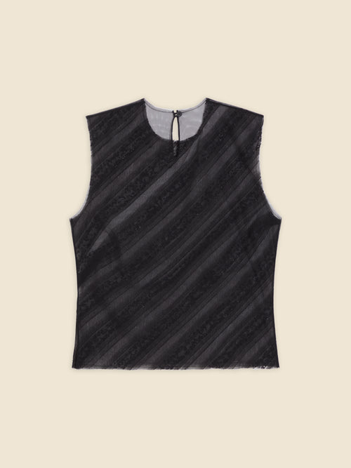 Black sleeveless top with diagonal stripes on a light background, featuring a round neckline and back button closure.