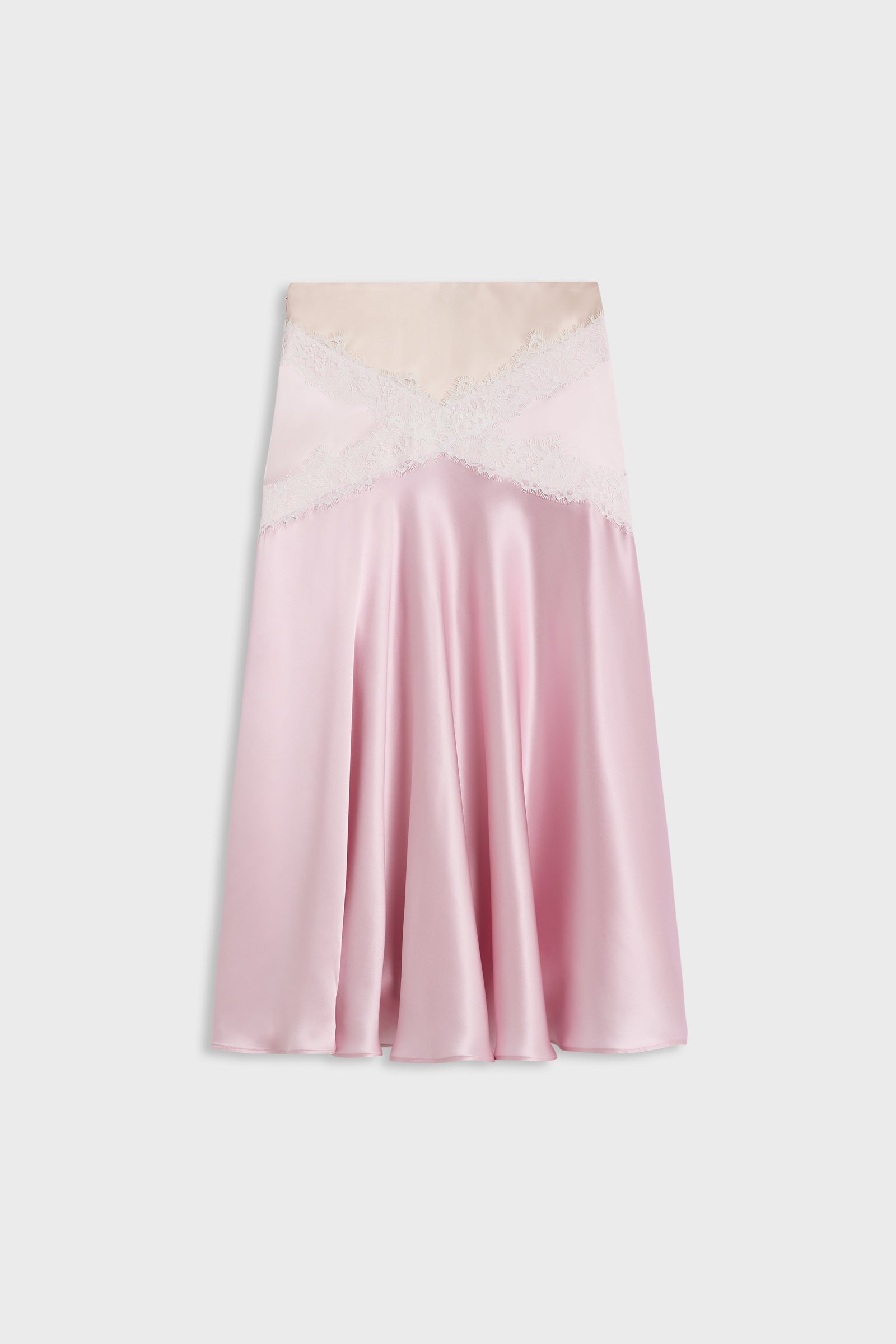 A light pink satin slip skirt with a beige lace and mesh crossover waistband, displayed flat against a light gray background.