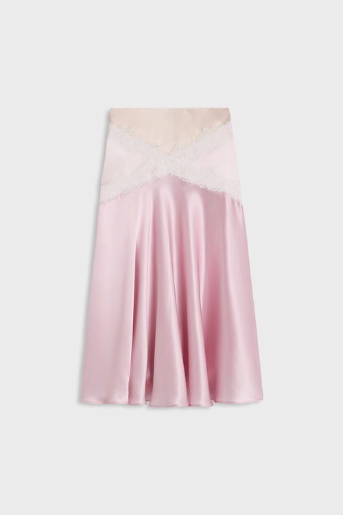 A light pink satin slip skirt with a beige lace and mesh crossover waistband, displayed flat against a light gray background.