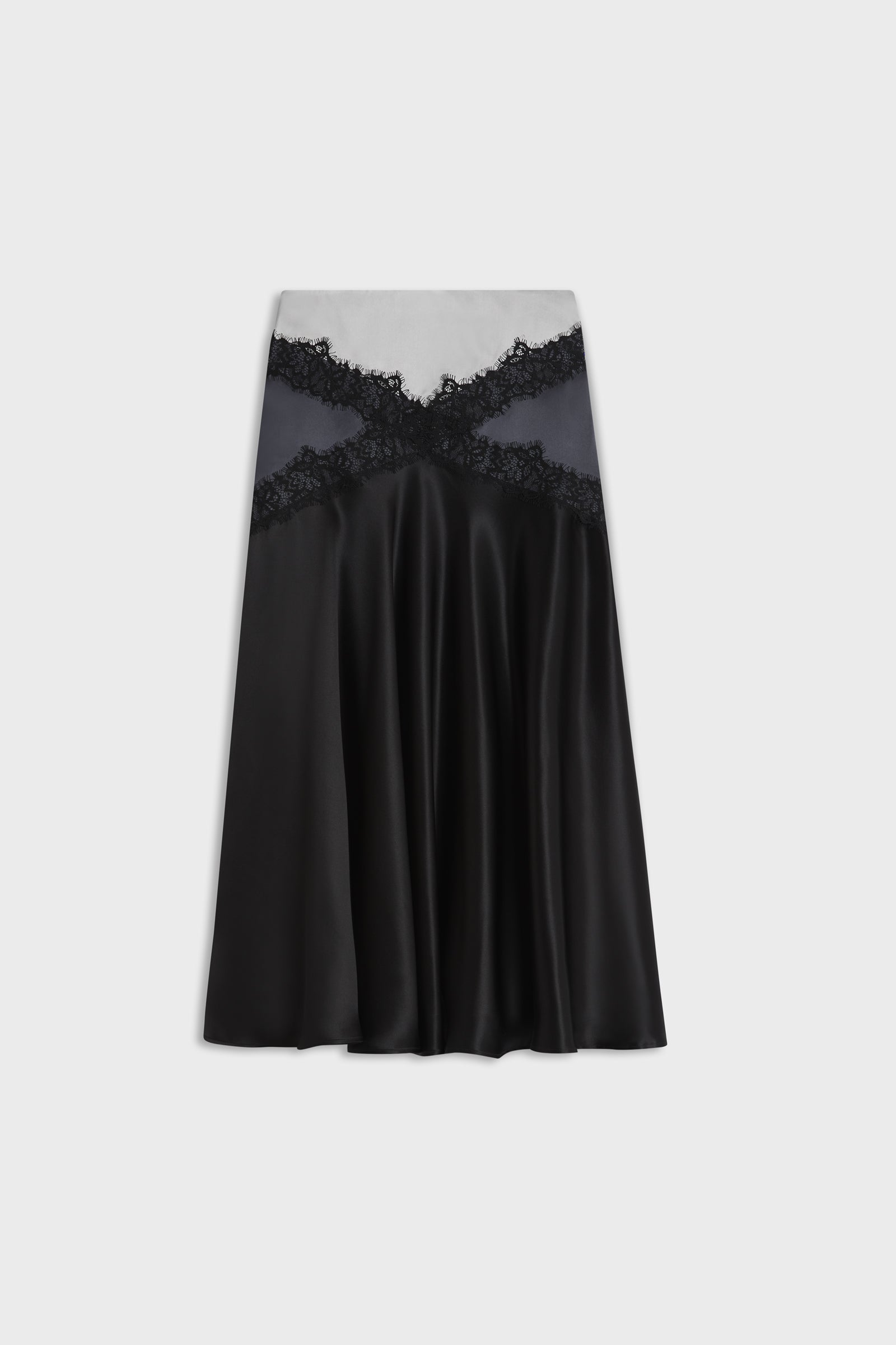 A black satin A-line skirt featuring a sheer dark gray mesh band with black lace trim across the bust, shown against a light gray background.