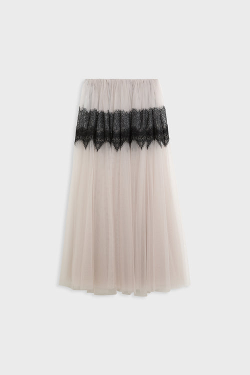 A light beige tulle midi skirt featuring a wide black lace band across the upper portion, displayed against a solid light gray background.
