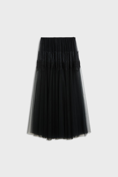 A black pleated tulle midi skirt with a smocked waistband, shown against a plain light gray background.