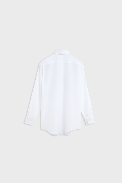 A white long-sleeve button-up shirt shown from the back, photographed flat against a light gray background.