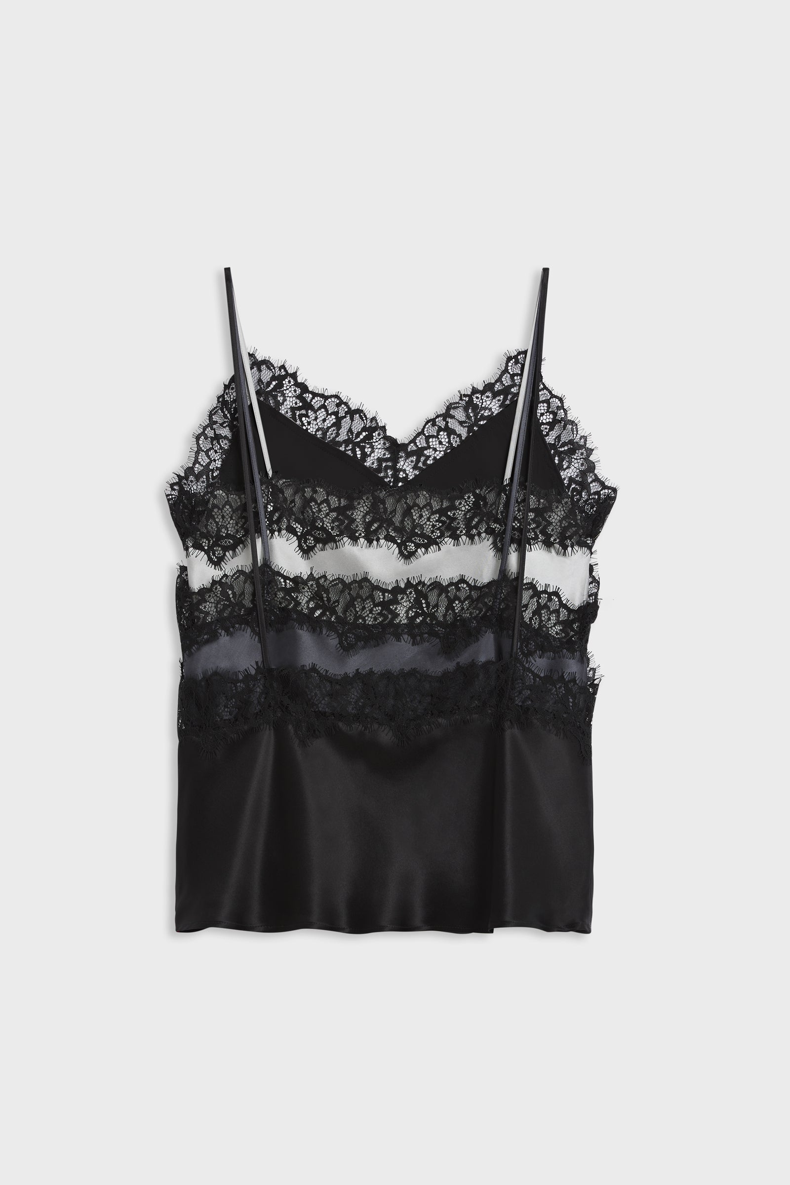 A black lace and satin camisole top with thin straps, displayed flat against a light gray background.
