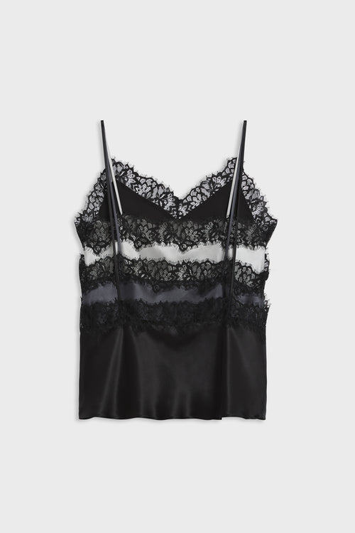 A black lace and satin camisole top with thin straps, displayed flat against a light gray background.