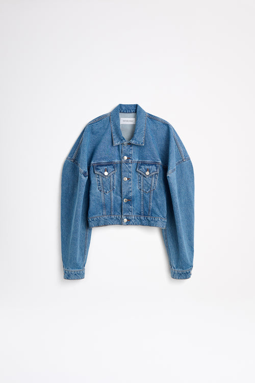 Blue denim jacket on a white background