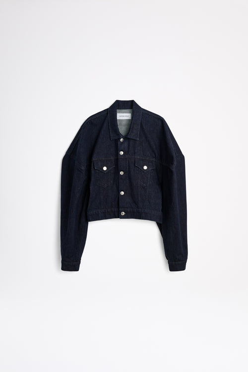 Dark denim jacket on a white background