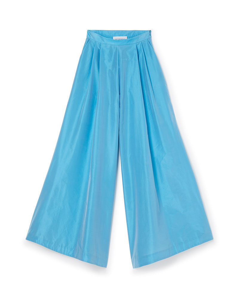 Wide-leg trousers in vibrant azure, featuring a tailored high-waist design and flowing fabric for an elegant silhouette.