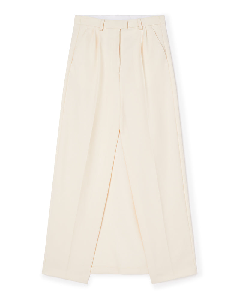Cream high-waisted pleated trousers with elegant tailored details and concealed fastenings, crafted in a soft woven fabric.