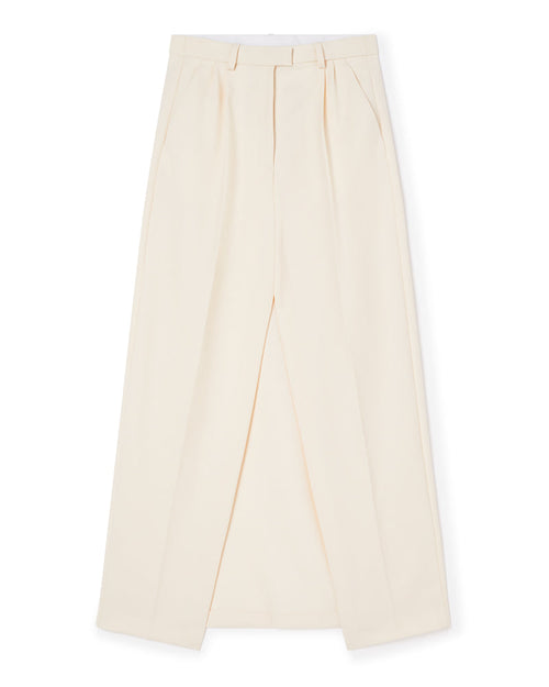 Cream high-waisted pleated trousers with elegant tailored details and concealed fastenings, crafted in a soft woven fabric.