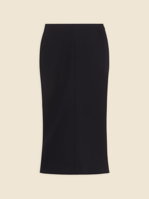 Elegant black pencil skirt in soft fabric, showcasing a sleek, form-fitting silhouette ideal for formal and business settings.