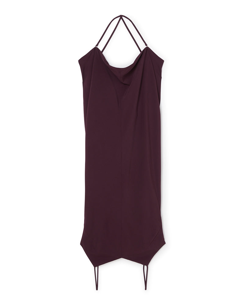 Elegant deep plum halter dress featuring a draped neckline and minimalist design with an asymmetrical hemline.