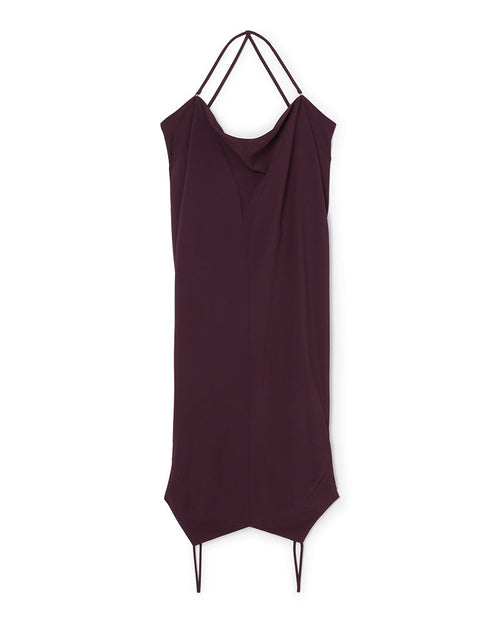 Elegant deep plum halter dress featuring a draped neckline and minimalist design with an asymmetrical hemline.