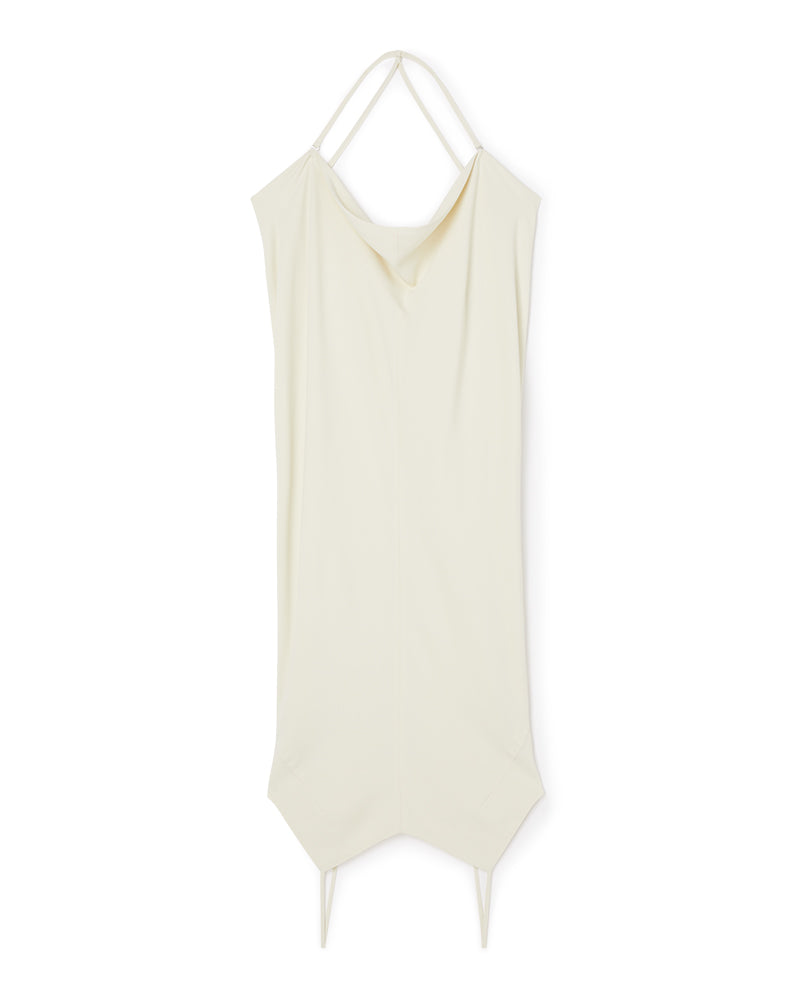 Elegant cream draped halter dress featuring a minimalist design and sharp asymmetric hemline, perfect for summer occasions.