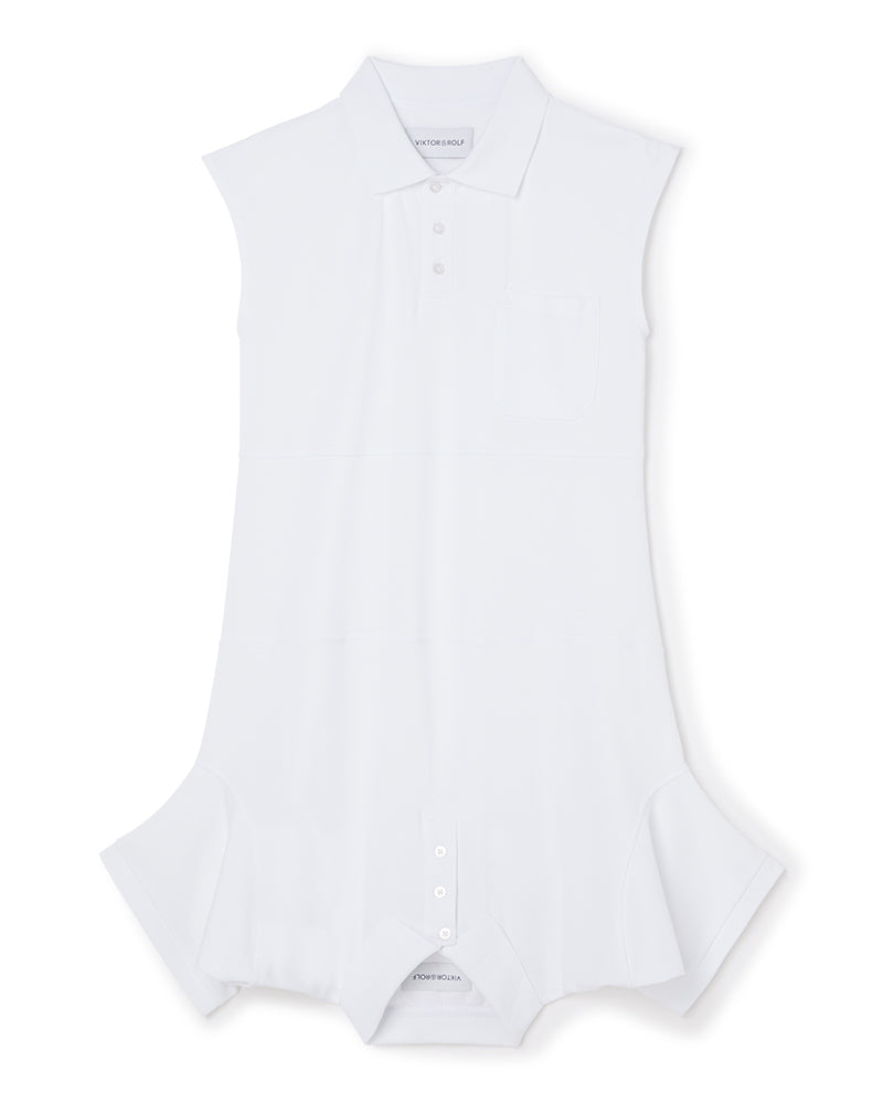 Sleeveless white collared shirt with button-down front and subtle pocket detail, crafted from soft, lightweight fabric.