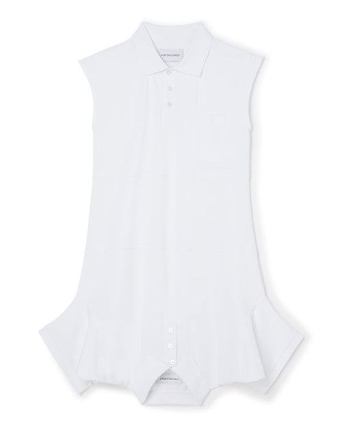 Sleeveless white collared shirt with button-down front and subtle pocket detail, crafted from soft, lightweight fabric.